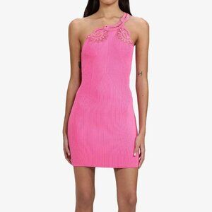 SELF PORTRAIT  One-shoulder Crochet-trimmed Ribbed-knit Mini Dress Pink SMALL
